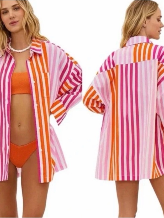 Anthropologie Other - Anthropologie Beach Riot 100% Cotton Pink & Orange Striped Beach Cover-Up S/M